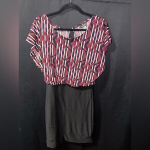 Bisou Bisou Black Midi Dress with Red and White Geometric Top